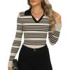 imageZeagoo Womens 2024 Sweater Tops Long Sleeve V Neck Ribbed Knit Slim Fitted Casual Work Basic Shirts SXXLBeige Black Stripe