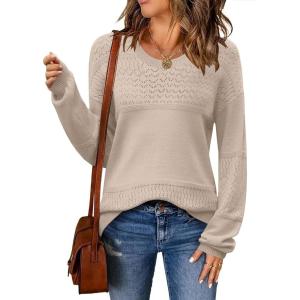 imageZeagoo Sweaters for Women Long Sleeve Tops Soft Knit Crew Neck Pullover Sweater Lightweight Crochet 2025 Fall OutfitsA Apricot