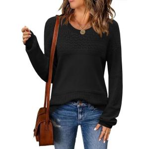 imageZeagoo Sweaters for Women Long Sleeve Tops Soft Knit Crew Neck Pullover Sweater Lightweight Crochet 2025 Fall OutfitsA Black