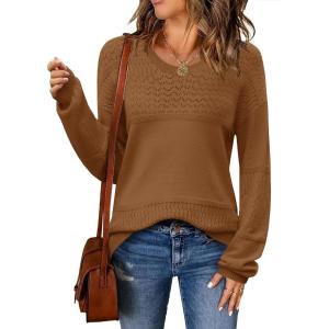 imageZeagoo Sweaters for Women Long Sleeve Tops Soft Knit Crew Neck Pullover Sweater Lightweight Crochet 2025 Fall OutfitsA Light Brown