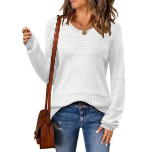imageZeagoo Sweaters for Women Long Sleeve Tops Soft Knit Crew Neck Pullover Sweater Lightweight Crochet 2025 Fall OutfitsA White
