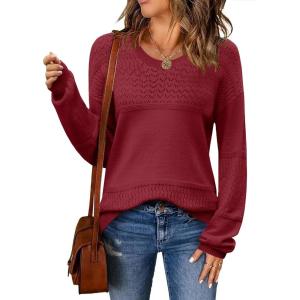 imageZeagoo Sweaters for Women Long Sleeve Tops Soft Knit Crew Neck Pullover Sweater Lightweight Crochet 2025 Fall OutfitsA Wine Red