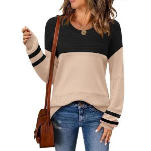 imageZeagoo Sweaters for Women Long Sleeve Tops Soft Knit Crew Neck Pullover Sweater Lightweight Crochet 2025 Fall OutfitsBlackapricot
