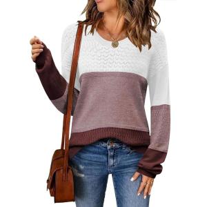 imageZeagoo Sweaters for Women Long Sleeve Tops Soft Knit Crew Neck Pullover Sweater Lightweight Crochet 2025 Fall OutfitsColorblock 284