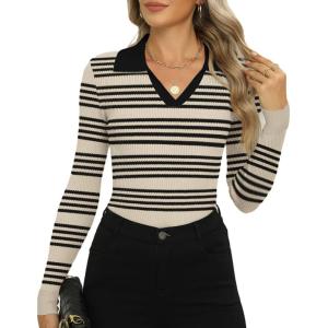 imageZeagoo Womens 2024 Sweater Tops Long Sleeve V Neck Ribbed Knit Slim Fitted Casual Work Basic Shirts SXXLBeige Black Stripe