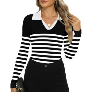 imageZeagoo Womens 2024 Sweater Tops Long Sleeve V Neck Ribbed Knit Slim Fitted Casual Work Basic Shirts SXXLBlack White Stripe