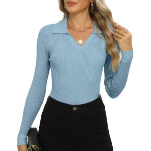 imageZeagoo Womens 2024 Sweater Tops Long Sleeve V Neck Ribbed Knit Slim Fitted Casual Work Basic Shirts SXXLClear Blue