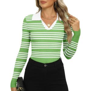 imageZeagoo Womens 2024 Sweater Tops Long Sleeve V Neck Ribbed Knit Slim Fitted Casual Work Basic Shirts SXXLGreen White Stripe