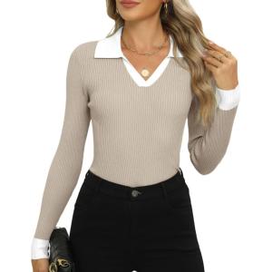imageZeagoo Womens 2024 Sweater Tops Long Sleeve V Neck Ribbed Knit Slim Fitted Casual Work Basic Shirts SXXLPat3