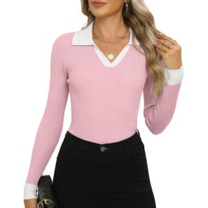 imageZeagoo Womens 2024 Sweater Tops Long Sleeve V Neck Ribbed Knit Slim Fitted Casual Work Basic Shirts SXXLPat5