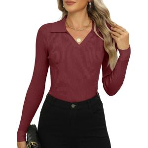 imageZeagoo Womens 2024 Sweater Tops Long Sleeve V Neck Ribbed Knit Slim Fitted Casual Work Basic Shirts SXXLRed