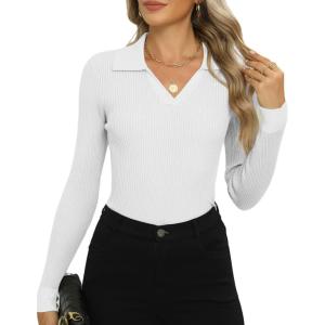 imageZeagoo Womens 2024 Sweater Tops Long Sleeve V Neck Ribbed Knit Slim Fitted Casual Work Basic Shirts SXXLWhite