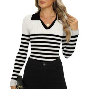 imageZeagoo Womens 2024 Sweater Tops Long Sleeve V Neck Ribbed Knit Slim Fitted Casual Work Basic Shirts SXXLWhite Black Stripe