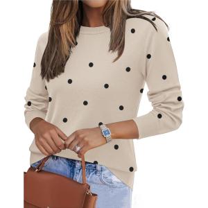imageZeagoo Womens 2025 Fall Sweaters Long Sleeve Tops Classic Crew Neck Pullover Sweaters Loose Dressy Casual Basic ClothesPolka Dotkhaki