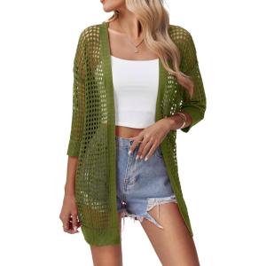 imageZeagoo Womens 2025 Summer Crochet Lightweight Cardigan Short Sleeve Boho Kimono Oversized Open Front Sweater TopsArmy Green