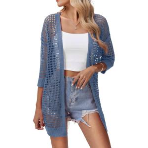 imageZeagoo Womens 2025 Summer Crochet Lightweight Cardigan Short Sleeve Boho Kimono Oversized Open Front Sweater TopsBlue