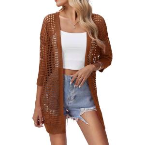 imageZeagoo Womens 2025 Summer Crochet Lightweight Cardigan Short Sleeve Boho Kimono Oversized Open Front Sweater TopsCaramel