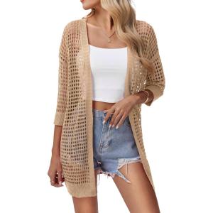imageZeagoo Womens 2025 Summer Crochet Lightweight Cardigan Short Sleeve Boho Kimono Oversized Open Front Sweater TopsKhaki
