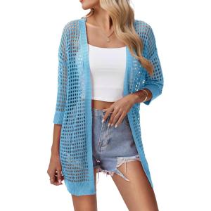 imageZeagoo Womens 2025 Summer Crochet Lightweight Cardigan Short Sleeve Boho Kimono Oversized Open Front Sweater TopsLake Blue