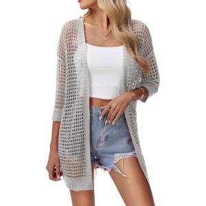 imageZeagoo Womens 2025 Summer Crochet Lightweight Cardigan Short Sleeve Boho Kimono Oversized Open Front Sweater TopsLight Grey