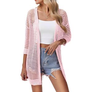 imageZeagoo Womens 2025 Summer Crochet Lightweight Cardigan Short Sleeve Boho Kimono Oversized Open Front Sweater TopsLight Pink