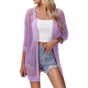imageZeagoo Womens 2025 Summer Crochet Lightweight Cardigan Short Sleeve Boho Kimono Oversized Open Front Sweater TopsLilac