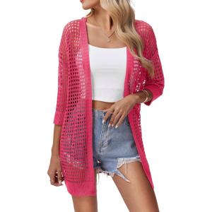 imageZeagoo Womens 2025 Summer Crochet Lightweight Cardigan Short Sleeve Boho Kimono Oversized Open Front Sweater TopsRose Red