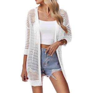 imageZeagoo Womens 2025 Summer Crochet Lightweight Cardigan Short Sleeve Boho Kimono Oversized Open Front Sweater TopsWhite