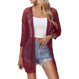 imageZeagoo Womens 2025 Summer Crochet Lightweight Cardigan Short Sleeve Boho Kimono Oversized Open Front Sweater TopsWine Red