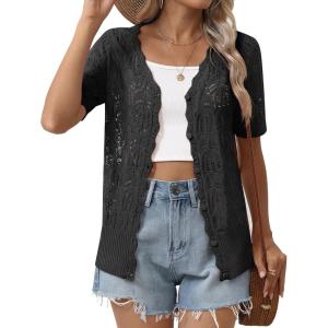 imageZeagoo Womens Short Sleeve Summer Cardigan VNeck Button up Lightweight Hollow Out Sweater Cardigans ShrugAblack