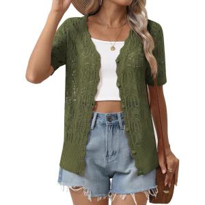 imageZeagoo Womens Short Sleeve Summer Cardigan VNeck Button up Lightweight Hollow Out Sweater Cardigans ShrugArmy Green