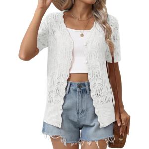 imageZeagoo Womens Short Sleeve Summer Cardigan VNeck Button up Lightweight Hollow Out Sweater Cardigans ShrugAwhite