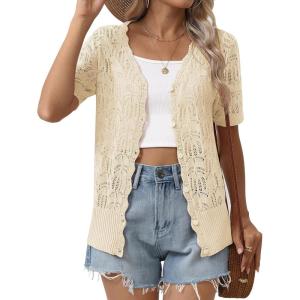 imageZeagoo Womens Short Sleeve Summer Cardigan VNeck Button up Lightweight Hollow Out Sweater Cardigans ShrugBeige