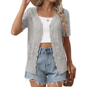 imageZeagoo Womens Short Sleeve Summer Cardigan VNeck Button up Lightweight Hollow Out Sweater Cardigans ShrugGrey