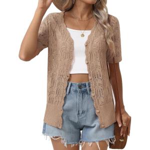 imageZeagoo Womens Short Sleeve Summer Cardigan VNeck Button up Lightweight Hollow Out Sweater Cardigans ShrugKhaki