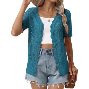 imageZeagoo Womens Short Sleeve Summer Cardigan VNeck Button up Lightweight Hollow Out Sweater Cardigans ShrugNavy