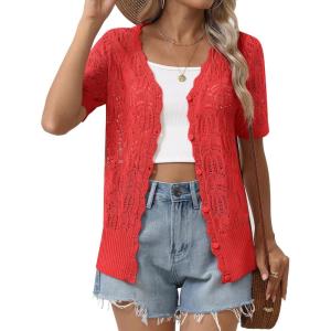 imageZeagoo Womens Short Sleeve Summer Cardigan VNeck Button up Lightweight Hollow Out Sweater Cardigans ShrugRed