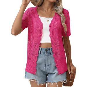 imageZeagoo Womens Short Sleeve Summer Cardigan VNeck Button up Lightweight Hollow Out Sweater Cardigans ShrugRose Red