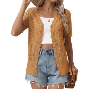 imageZeagoo Womens Short Sleeve Summer Cardigan VNeck Button up Lightweight Hollow Out Sweater Cardigans ShrugYellow Brown