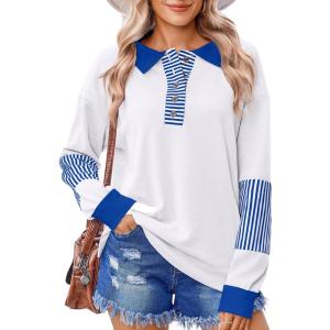 imageZeagoo Womens Sweatshirt Striped Long Sleeve Henley Button Casual Loose Pullover Tunic Tops 2024 Fall Shirt Outfits01 White
