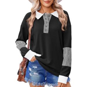 imageZeagoo Womens Sweatshirt Striped Long Sleeve Henley Button Casual Loose Pullover Tunic Tops 2024 Fall Shirt Outfits02 Black