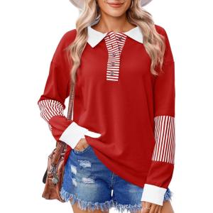 imageZeagoo Womens Sweatshirt Striped Long Sleeve Henley Button Casual Loose Pullover Tunic Tops 2024 Fall Shirt Outfits03 Dark Red