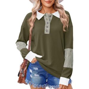 imageZeagoo Womens Sweatshirt Striped Long Sleeve Henley Button Casual Loose Pullover Tunic Tops 2024 Fall Shirt Outfits04 Army Green