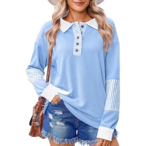 imageZeagoo Womens Sweatshirt Striped Long Sleeve Henley Button Casual Loose Pullover Tunic Tops 2024 Fall Shirt Outfits05 Light Blue