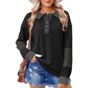 imageZeagoo Womens Sweatshirt Striped Long Sleeve Henley Button Casual Loose Pullover Tunic Tops 2024 Fall Shirt OutfitsBlack Stripe