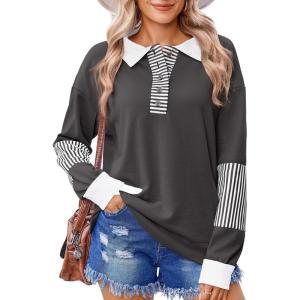 imageZeagoo Womens Sweatshirt Striped Long Sleeve Henley Button Casual Loose Pullover Tunic Tops 2024 Fall Shirt OutfitsDark Gray