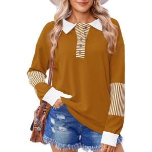 imageZeagoo Womens Sweatshirt Striped Long Sleeve Henley Button Casual Loose Pullover Tunic Tops 2024 Fall Shirt OutfitsLight Brown