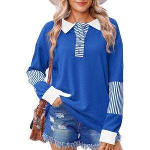 imageZeagoo Womens Sweatshirt Striped Long Sleeve Henley Button Casual Loose Pullover Tunic Tops 2024 Fall Shirt OutfitsRoyal Blue