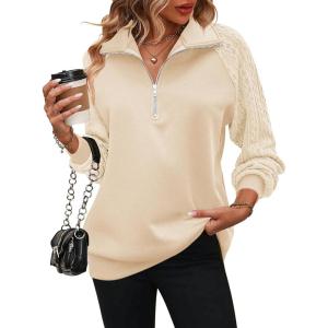 imageZeagoo Womens Sweatshrits Quarter Zip Pullover Fleece Sweatshirt Casual Cable Knit Sleeve Hoodies Fashion Outfits ClothesBeige