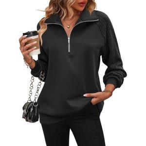 imageZeagoo Womens Sweatshrits Quarter Zip Pullover Fleece Sweatshirt Casual Cable Knit Sleeve Hoodies Fashion Outfits ClothesBlack